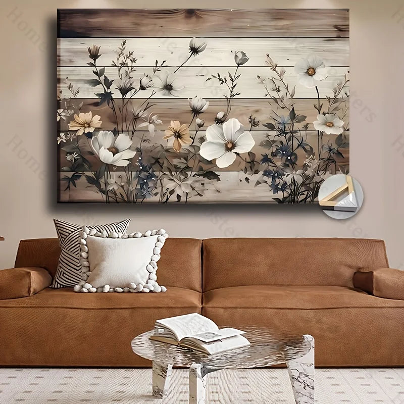 1Pc Framed Canvas Wall Art | White Daisies & Bluebells | Beige/Brown Wood Frame (Golden Hues) | Farmhouse Spring Floral Decor