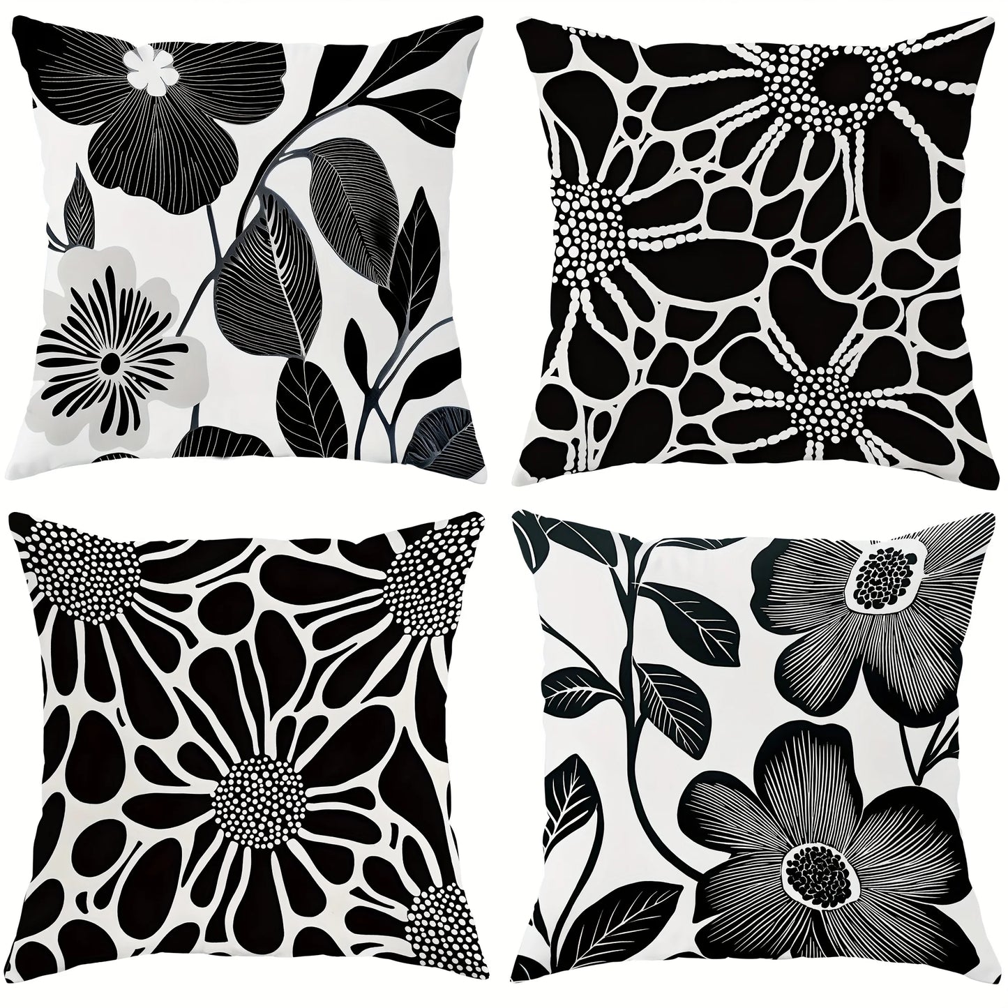 4pcs Floral Cushion Covers - Modern Botanical Decor with Zip Closure, Soft Polyester Pillow Cases in Black & Grey for Living Roo