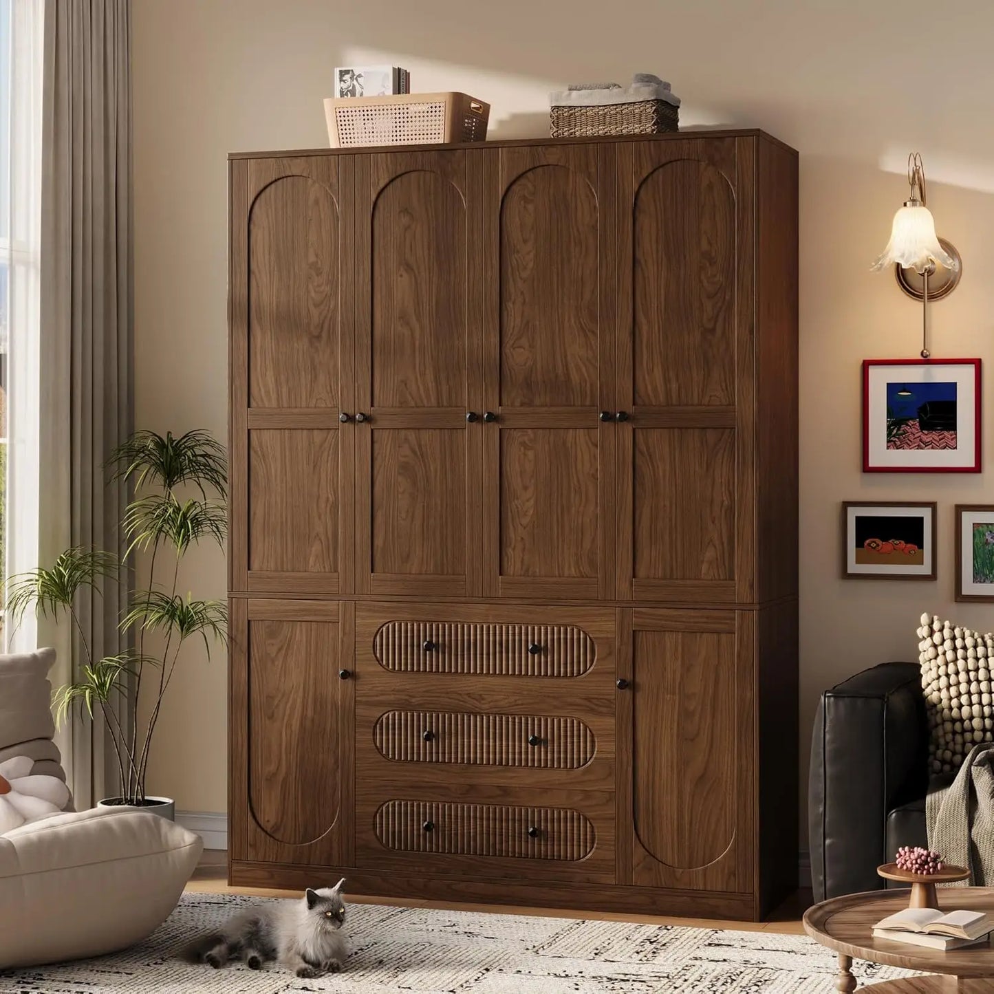 4 Doors Freestanding Armoire Wardrobe Closet, 72" Black Wardrobe Armoire Wooden Closet Large Capacity Storage , Customized