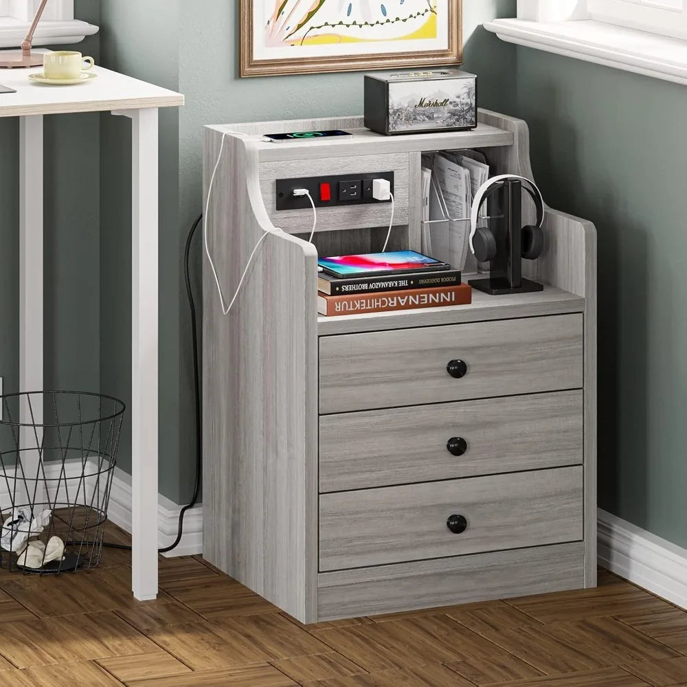 Nightstand Set 2,Gray Nightstand with Charging Station & Hutch,Night Stands for Bedrooms Set of 2,Bedside Table with Drawers