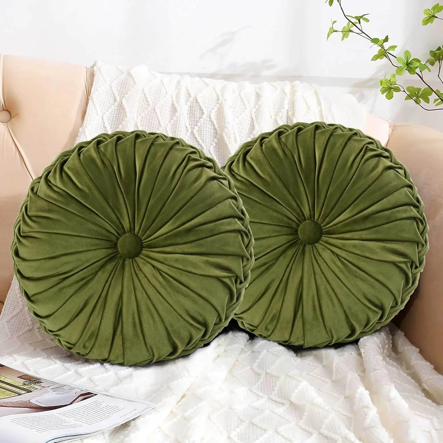 Set of 2 Round Pleated Throw Pillows, Vintage Velvet Accent Cushions for Sofa Bed Chair, Olive Green, 14.5" Diameter