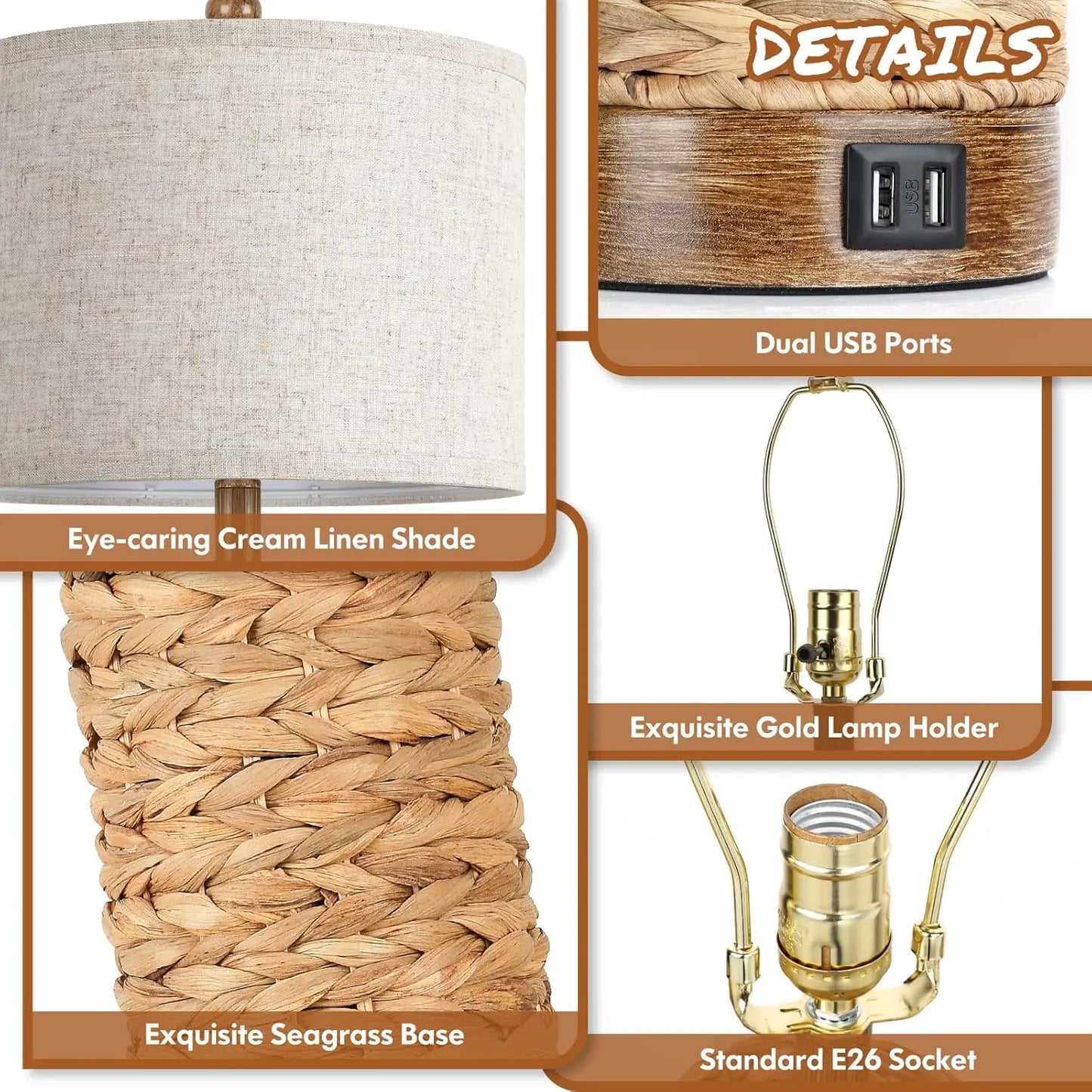 Set of 2 Rattan Table Lamps with USB Ports, 27In Tall Farmhouse Bedside Lamps for Living Room, E26 Socket