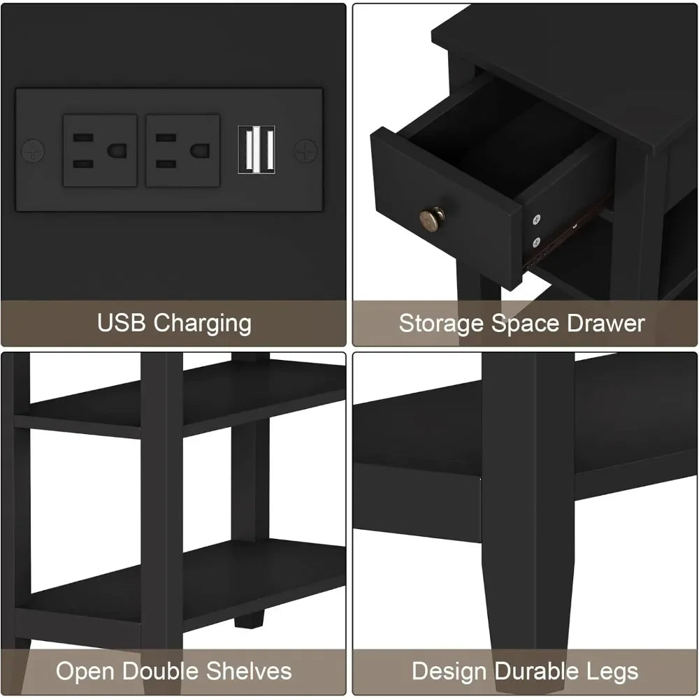 Black End Table Set of 2, Sofa Side Table Living Room with Charging Station,Narrow Night Stand with USB Ports & Power Outlets a