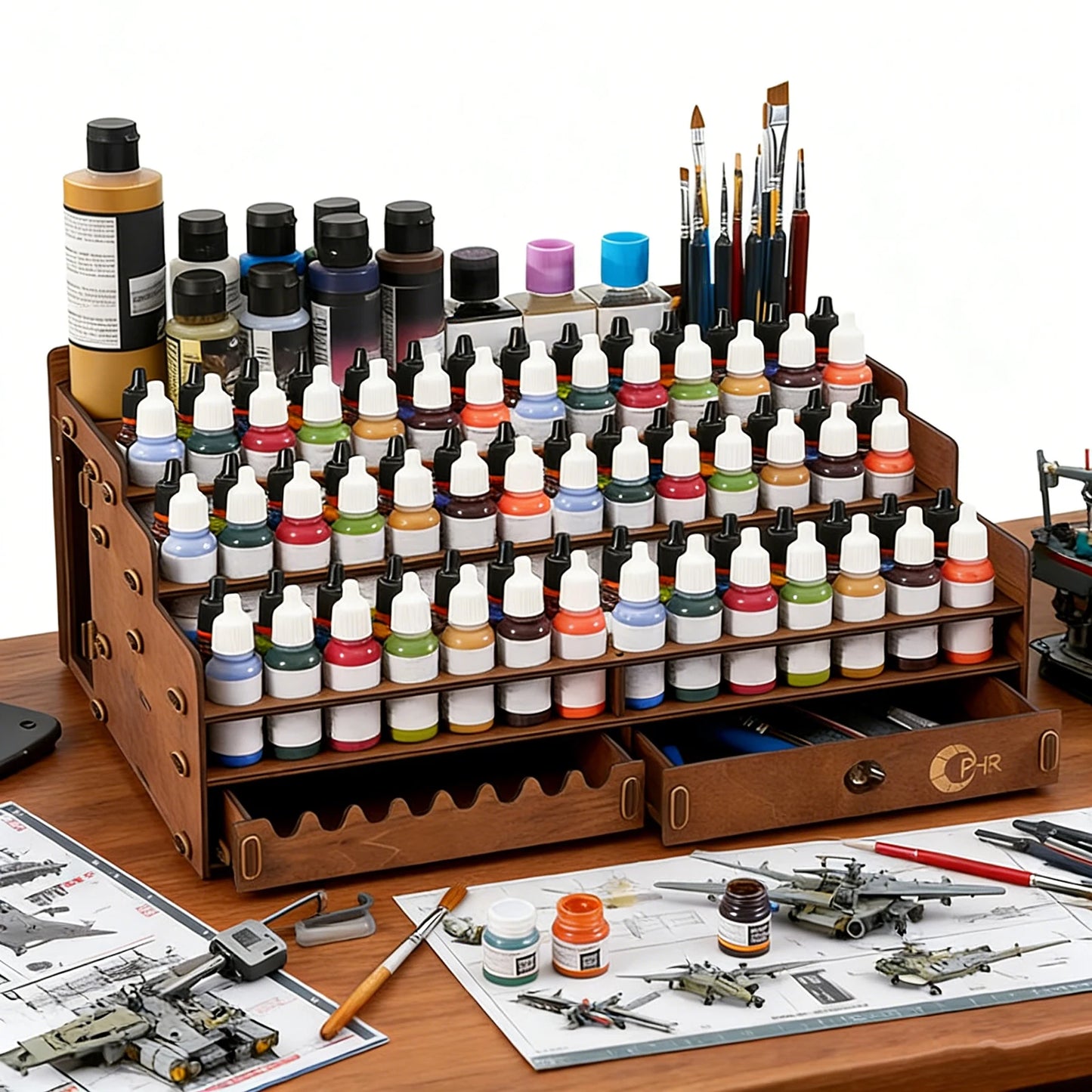 Paint Storage Organizer Wooden Paint Organizer with 98 Holes Painting Brush Holder Large Capacity Drawer Sturdy Stationery Rack