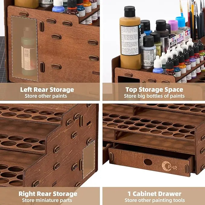 Paint Storage Organizer Wooden Paint Organizer with 98 Holes Painting Brush Holder Large Capacity Drawer Sturdy Stationery Rack