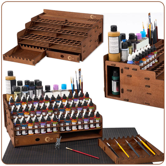 Paint Storage Organizer Wooden Paint Organizer with 98 Holes Painting Brush Holder Large Capacity Drawer Sturdy Stationery Rack