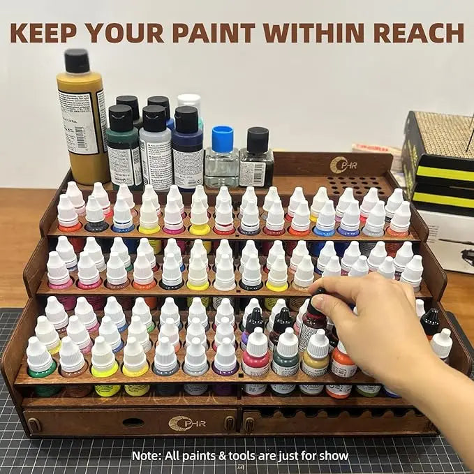 Paint Storage Organizer Wooden Paint Organizer with 98 Holes Painting Brush Holder Large Capacity Drawer Sturdy Stationery Rack
