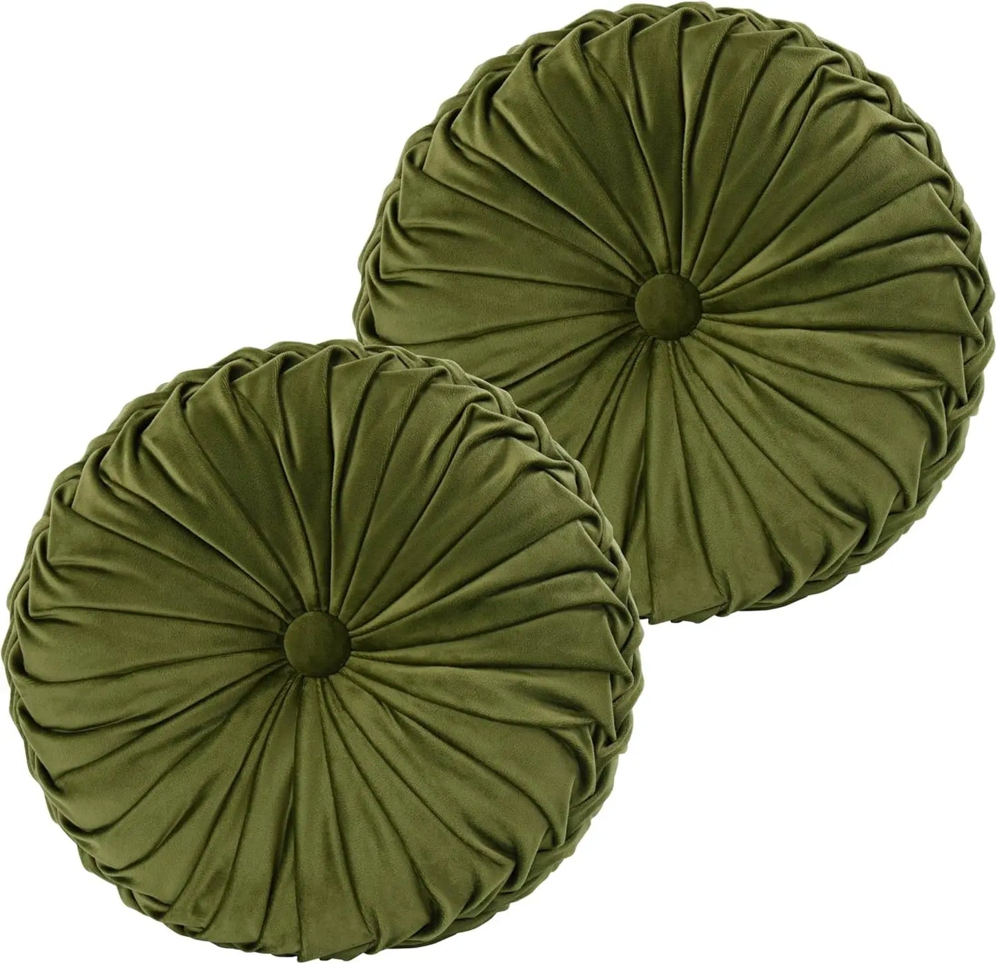 Set of 2 Round Pleated Throw Pillows, Vintage Velvet Accent Cushions for Sofa Bed Chair, Olive Green, 14.5" Diameter