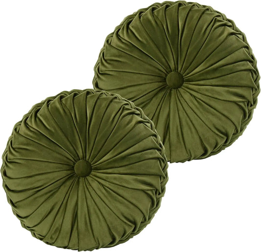 Set of 2 Round Pleated Throw Pillows, Vintage Velvet Accent Cushions for Sofa Bed Chair, Olive Green, 14.5" Diameter