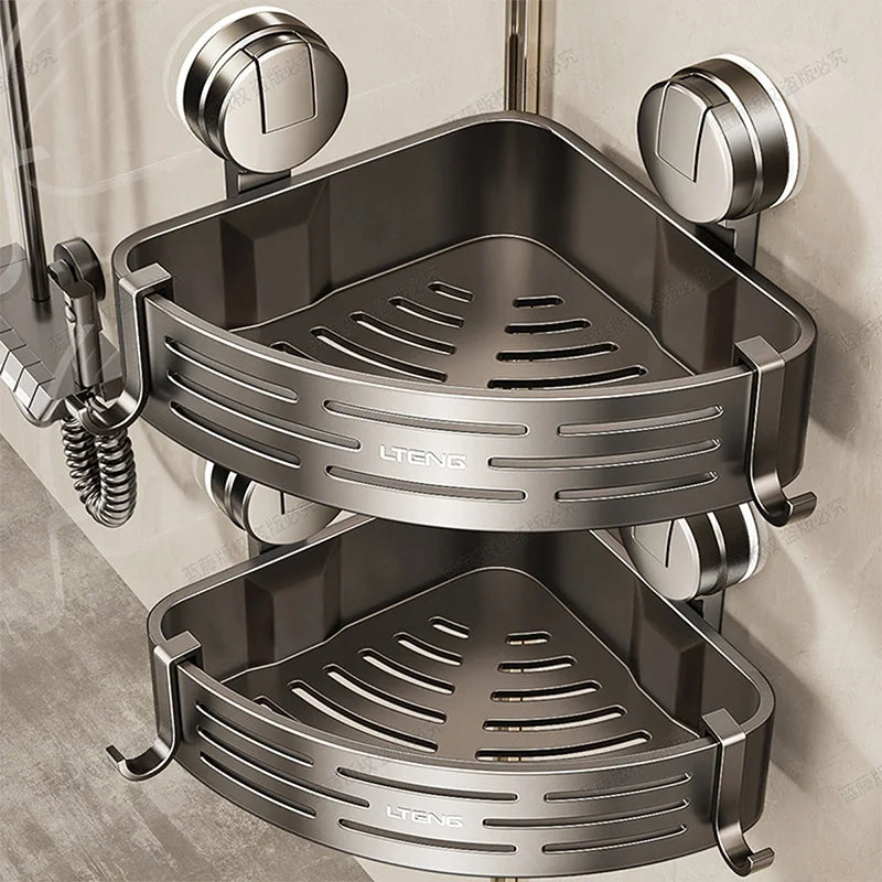 Shower Wall Storage Basket,Suction Mount No Drilling,Rustproof Aluminum, 4-Layer Protection,for Corner Space, Includes Towel Bar