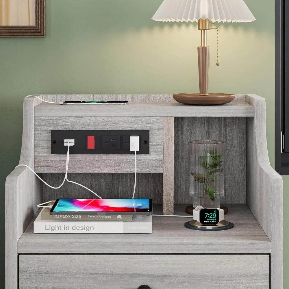 Nightstand Set 2,Gray Nightstand with Charging Station & Hutch,Night Stands for Bedrooms Set of 2,Bedside Table with Drawers