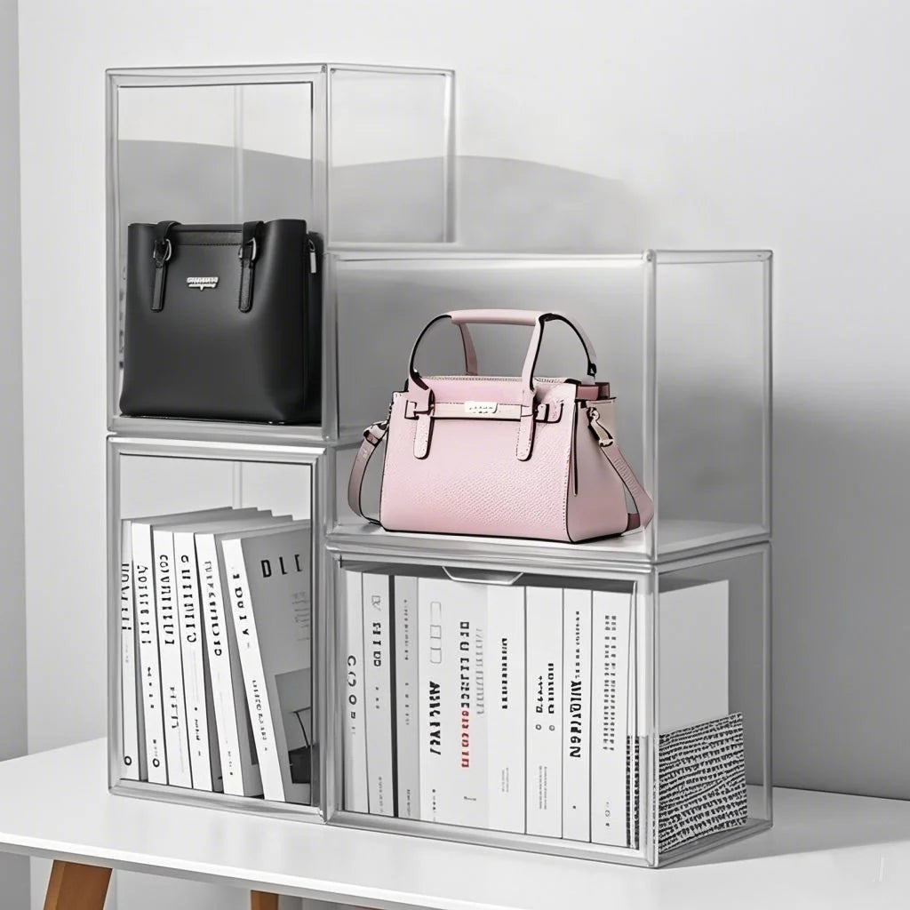 4 Pack Clear Display Box Organizer Stackable with Magnetic Door Large Capacity Storage Box Purse Showcase For Book Collectibles