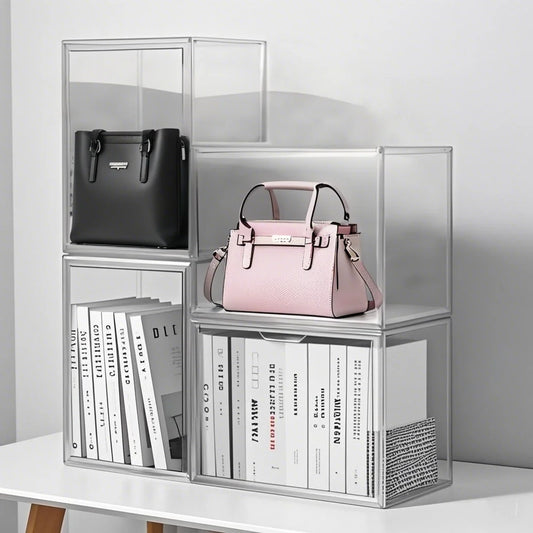 4 Pack Clear Display Box Organizer Stackable with Magnetic Door Large Capacity Storage Box Purse Showcase For Book Collectibles