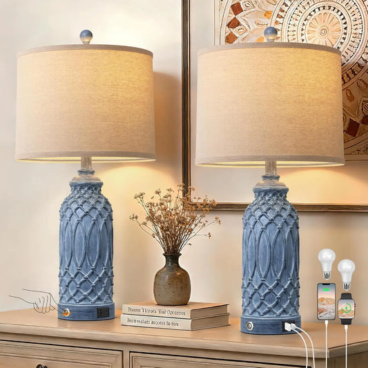 Farmhouse Table Lamps Set of 2 with USB Ports, Touch Switch, Linen Shade for Living Room Bedroom Decor