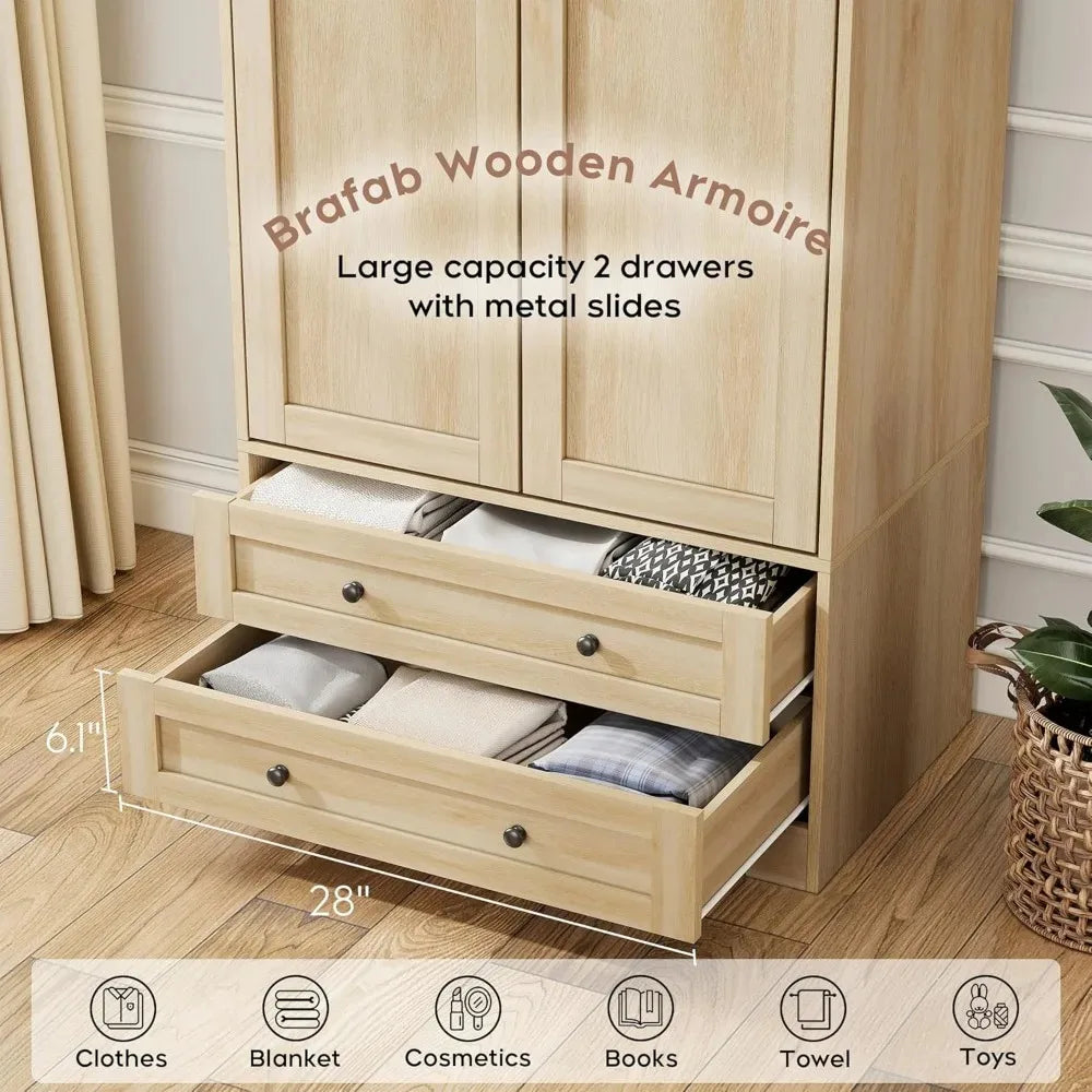 Wooden Armoire Wardrobe Closet with 2 Modern Doors, 71" Tall Freestanding Closet Wardrobe Cabinet with Drawers，Customized