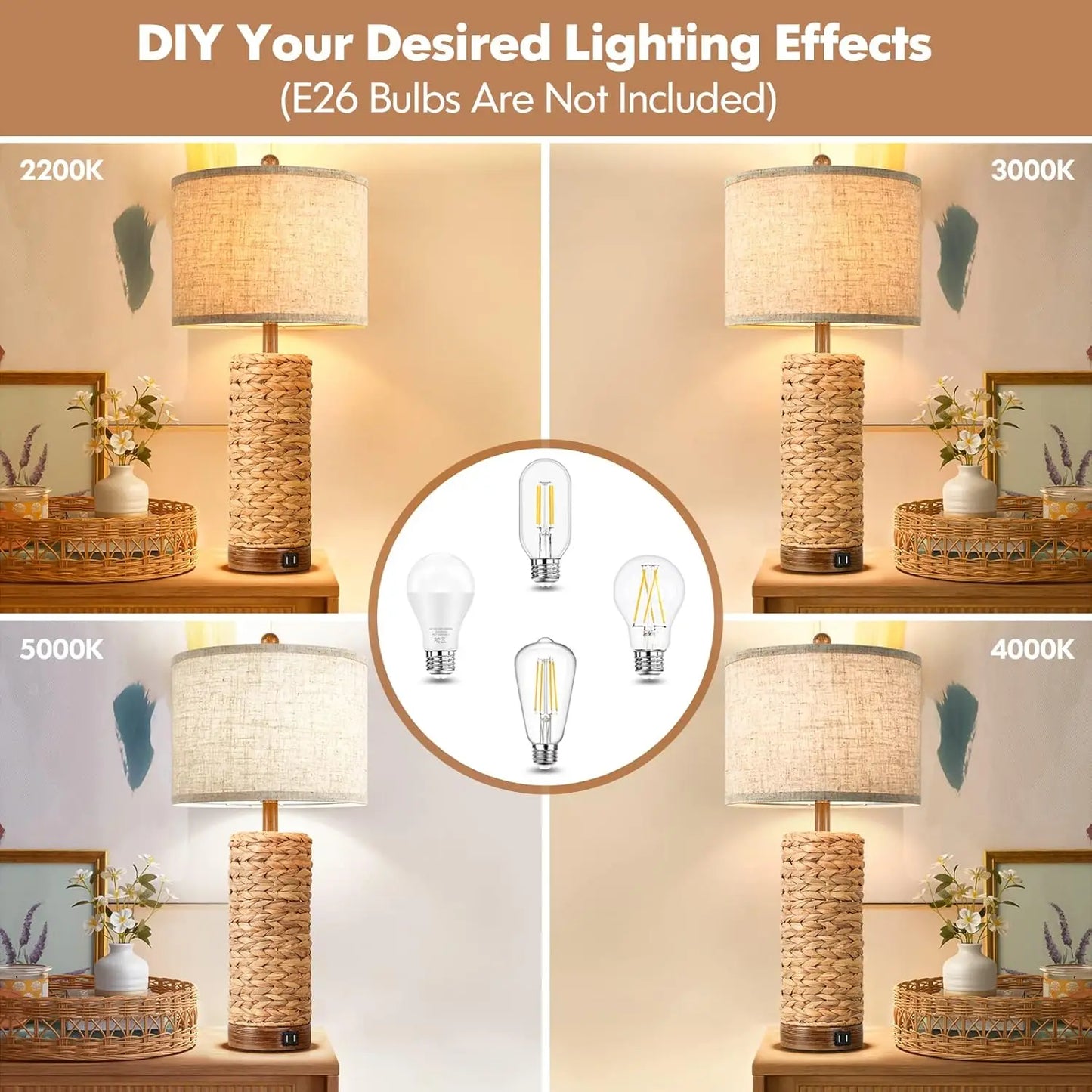 Set of 2 Rattan Table Lamps with USB Ports, 27In Tall Farmhouse Bedside Lamps for Living Room, E26 Socket