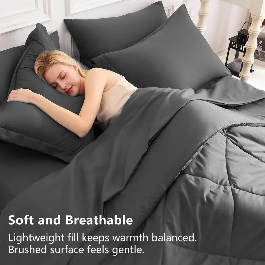 Queen Comforter Set Dark Grey Bed in a Bag Queen Size 7 Pieces, Luxury Soft Bed Set for All Seasons, Bedding Set with Comforter,