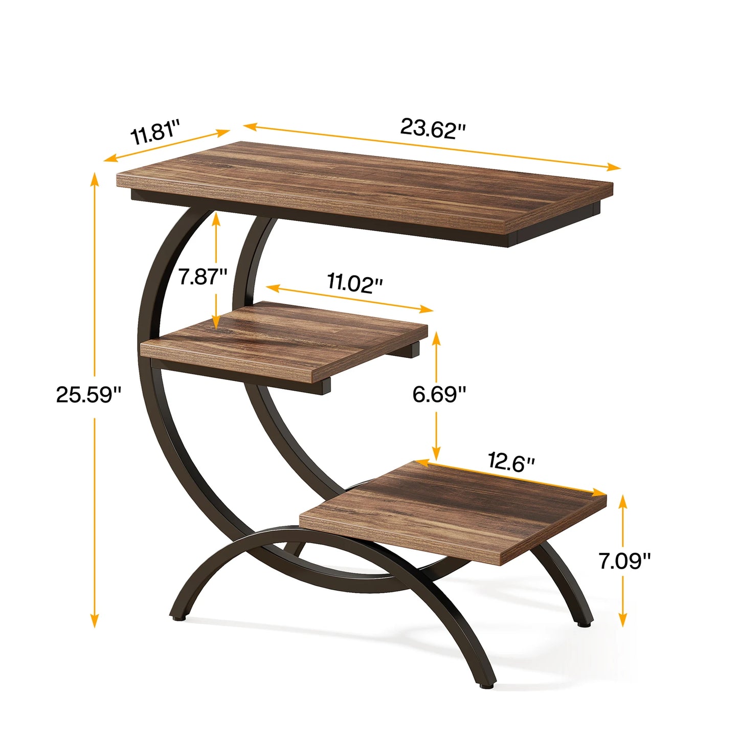 C-Shaped End Table, Industrial 3-Tier Small Table for Couch, Wood Bedside Table Snack Table with Storage Shelves