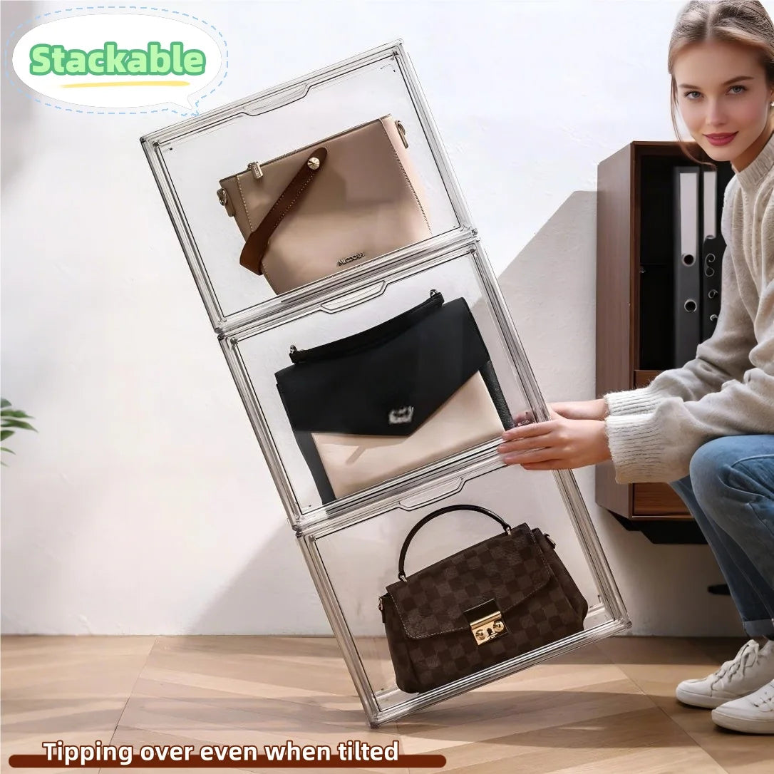 4 Pack Clear Display Box Organizer Stackable with Magnetic Door Large Capacity Storage Box Purse Showcase For Book Collectibles