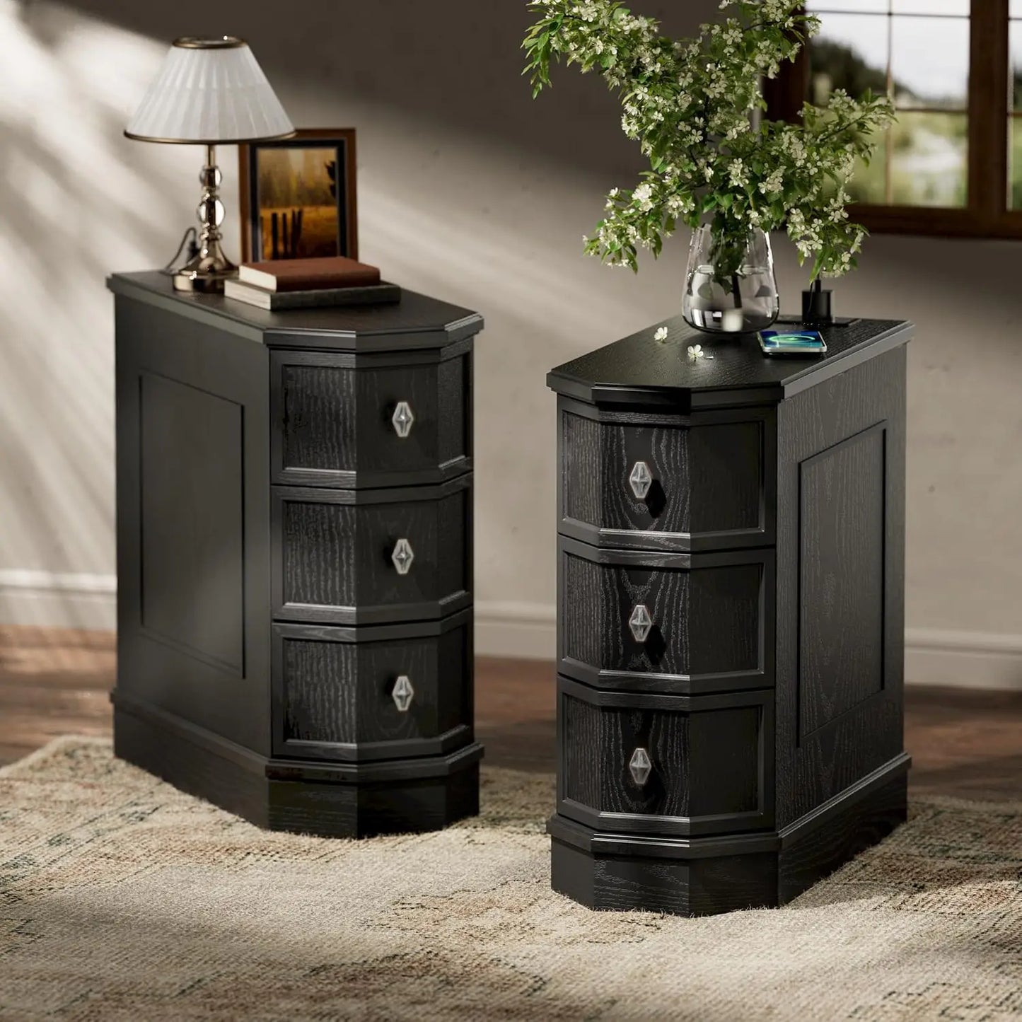 Nightstand Set of 2 with Charging Station, Vintage Wood End Table with 3 Drawer, Narrow Side Table, Slim, Customized