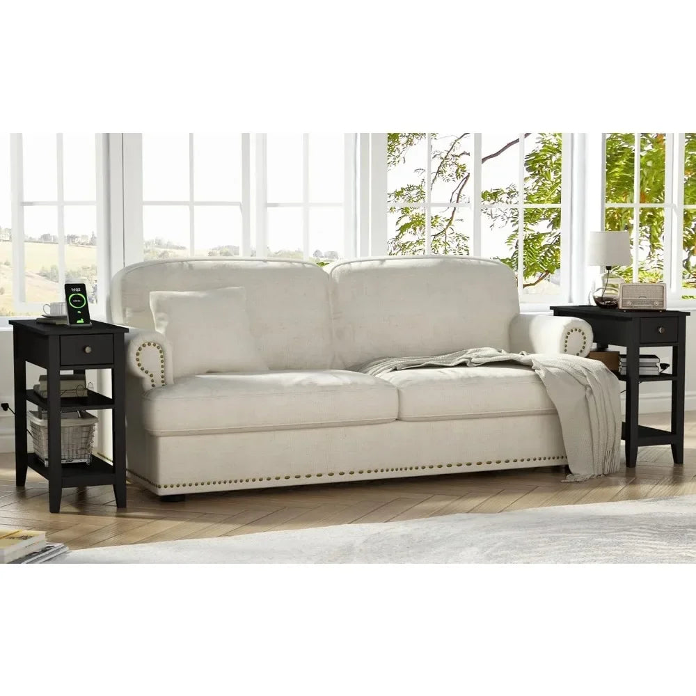 Black End Table Set of 2, Sofa Side Table Living Room with Charging Station,Narrow Night Stand with USB Ports & Power Outlets a