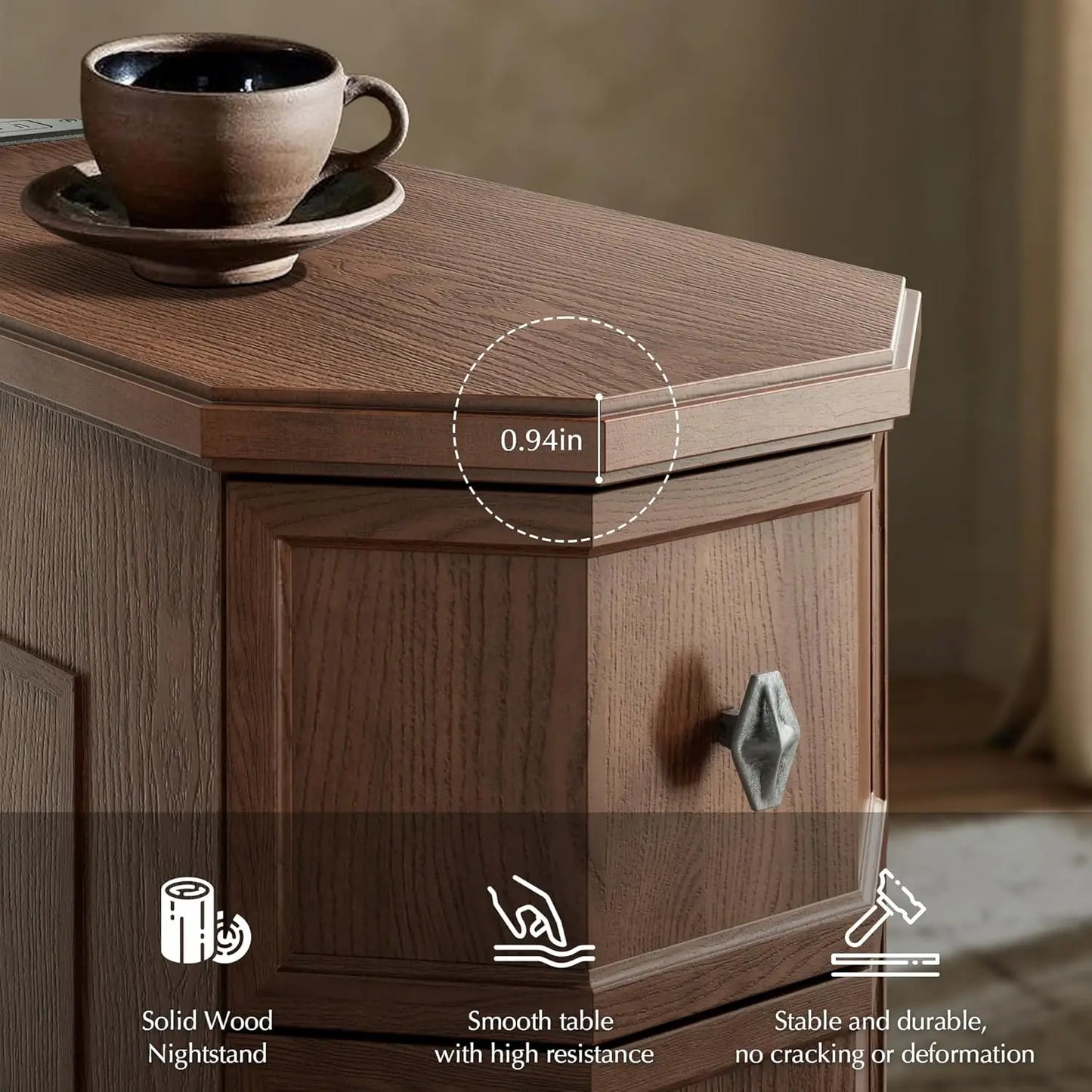 Nightstand Set of 2 with Charging Station, Vintage Wood End Table with 3 Drawer, Narrow Side Table, Slim, Customized