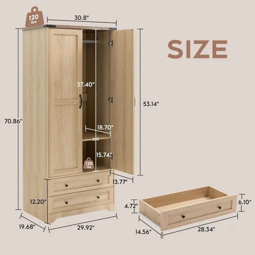 Wooden Armoire Wardrobe Closet with 2 Modern Doors, 71" Tall Freestanding Closet Wardrobe Cabinet with Drawers，Customized