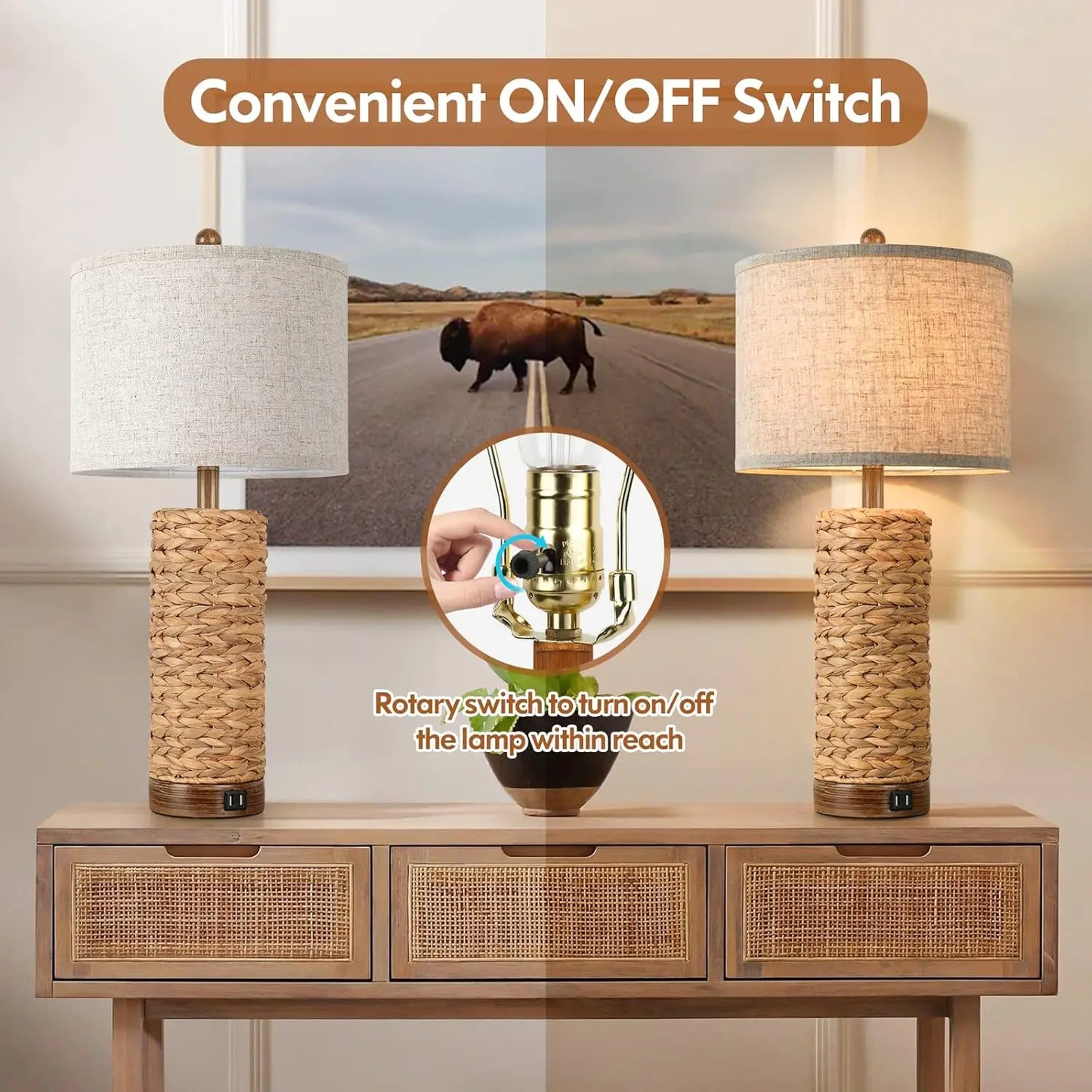 Set of 2 Rattan Table Lamps with USB Ports, 27In Tall Farmhouse Bedside Lamps for Living Room, E26 Socket