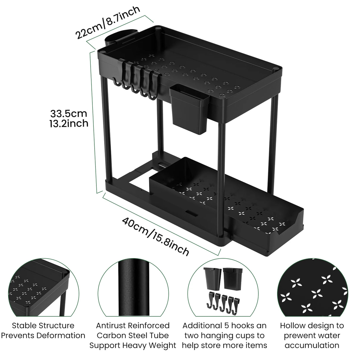 Double-tier sink-mounted storage rack, kitchen cabinet shelving unit, multi-purpose bathroom storage basket.