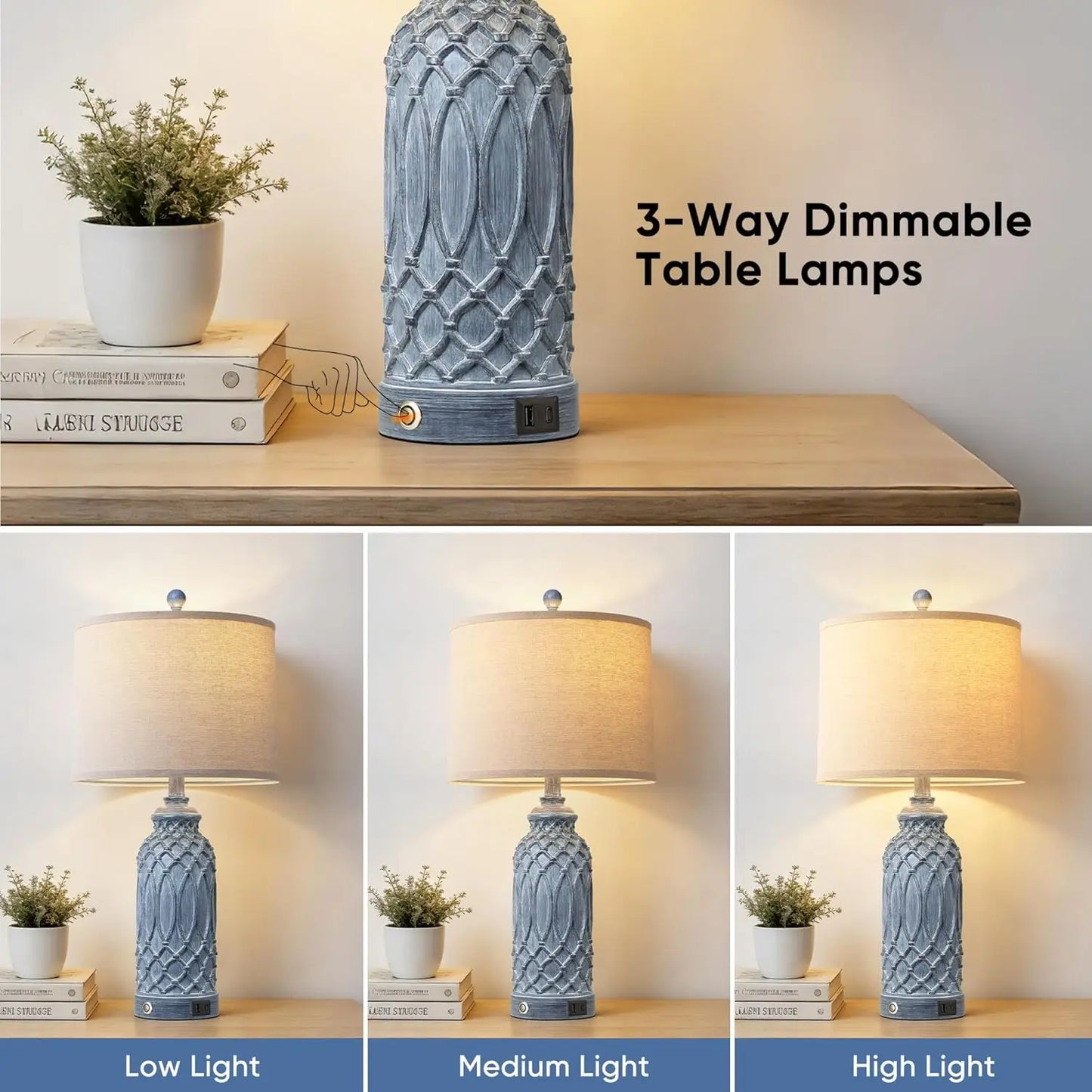 Farmhouse Table Lamps Set of 2 with USB Ports, Touch Switch, Linen Shade for Living Room Bedroom Decor