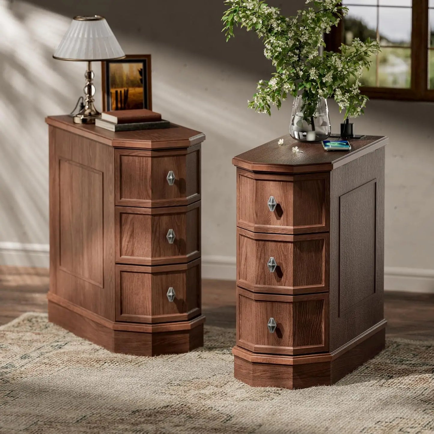 Nightstand Set of 2 with Charging Station, Vintage Wood End Table with 3 Drawer, Narrow Side Table, Slim, Customized