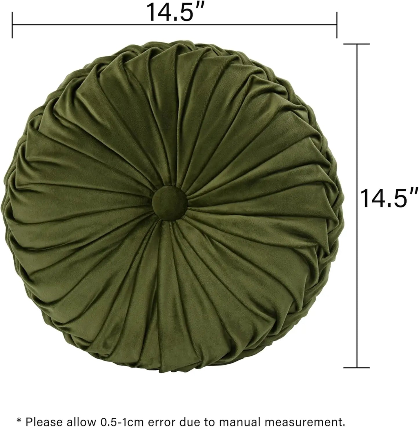 Set of 2 Round Pleated Throw Pillows, Vintage Velvet Accent Cushions for Sofa Bed Chair, Olive Green, 14.5" Diameter