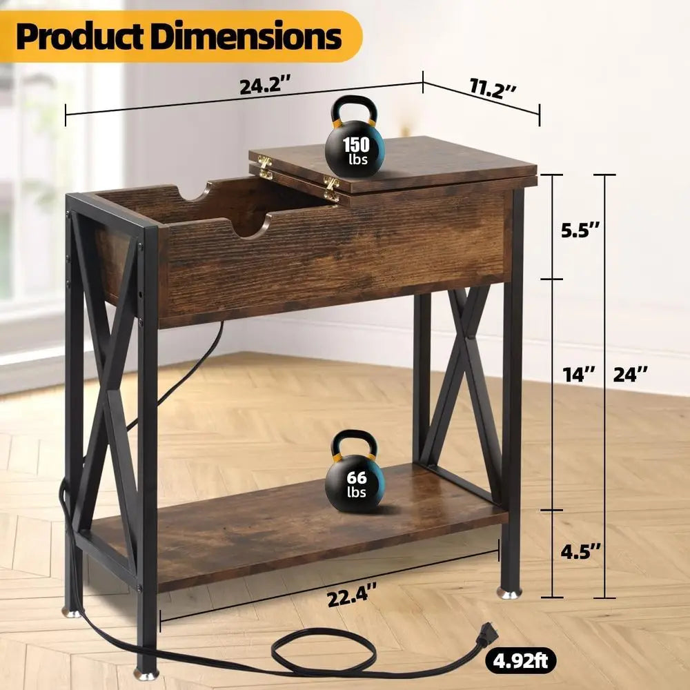 End Tables Living Room Set of 2, Narrow Side Table with Charging Station, 12" D x 24" W x 24" H, Flip Top End Table with USB Por