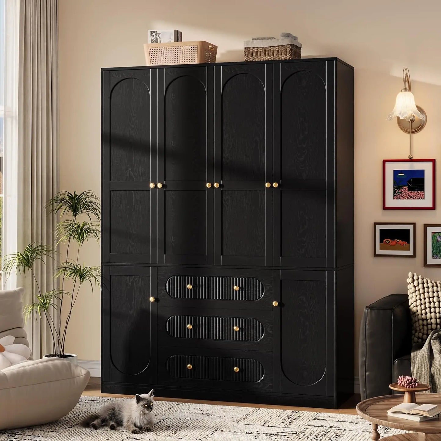 4 Doors Freestanding Armoire Wardrobe Closet, 72" Black Wardrobe Armoire Wooden Closet Large Capacity Storage , Customized