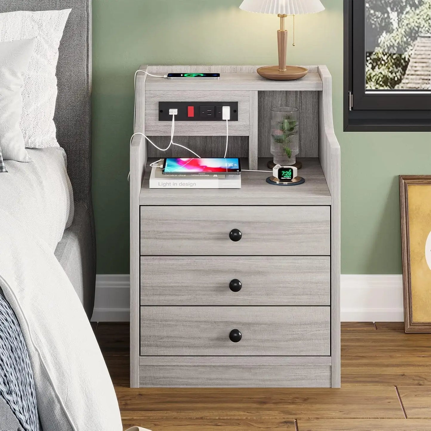 Nightstand Set 2,Gray Nightstand with Charging Station & Hutch,Night Stands for Bedrooms Set of 2,Bedside Table with Drawers