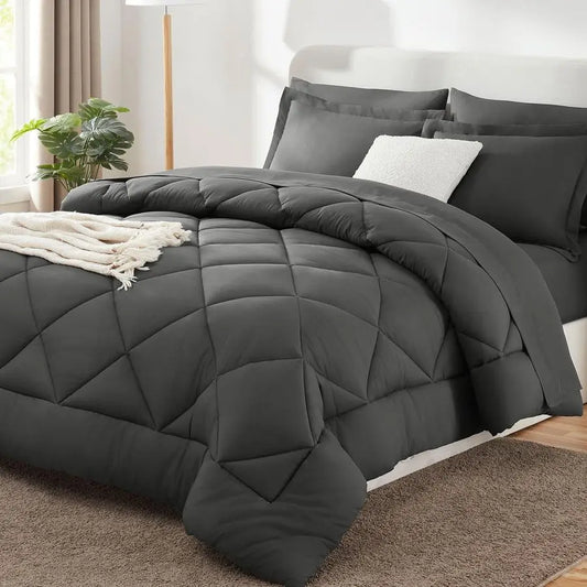 Queen Comforter Set Dark Grey Bed in a Bag Queen Size 7 Pieces, Luxury Soft Bed Set for All Seasons, Bedding Set with Comforter,