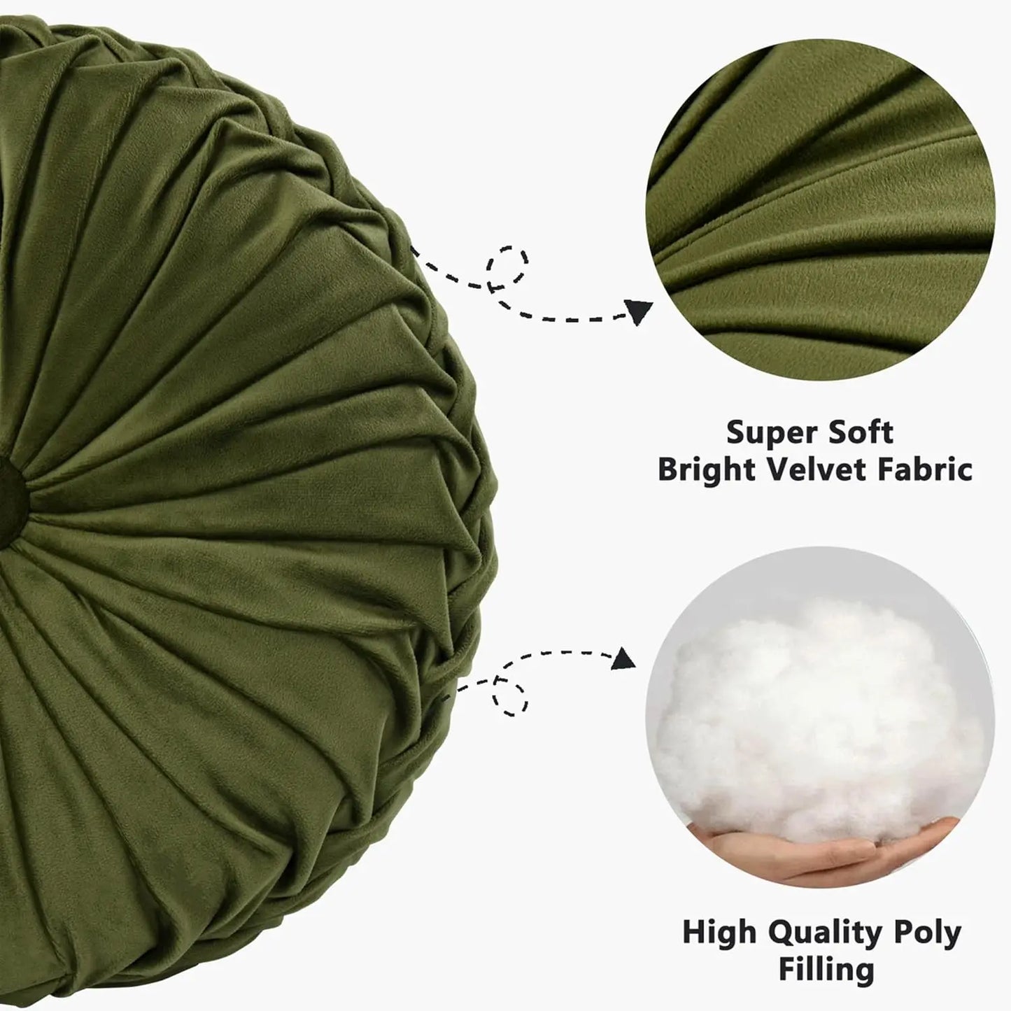 Set of 2 Round Pleated Throw Pillows, Vintage Velvet Accent Cushions for Sofa Bed Chair, Olive Green, 14.5" Diameter