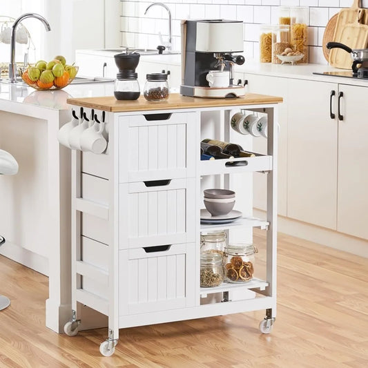 Kitchen Island Cart on Wheels, Rolling Storage Cart with Bamboo Countertop, 3 Drawers, 3 Removable Shelves & Lockable Casters