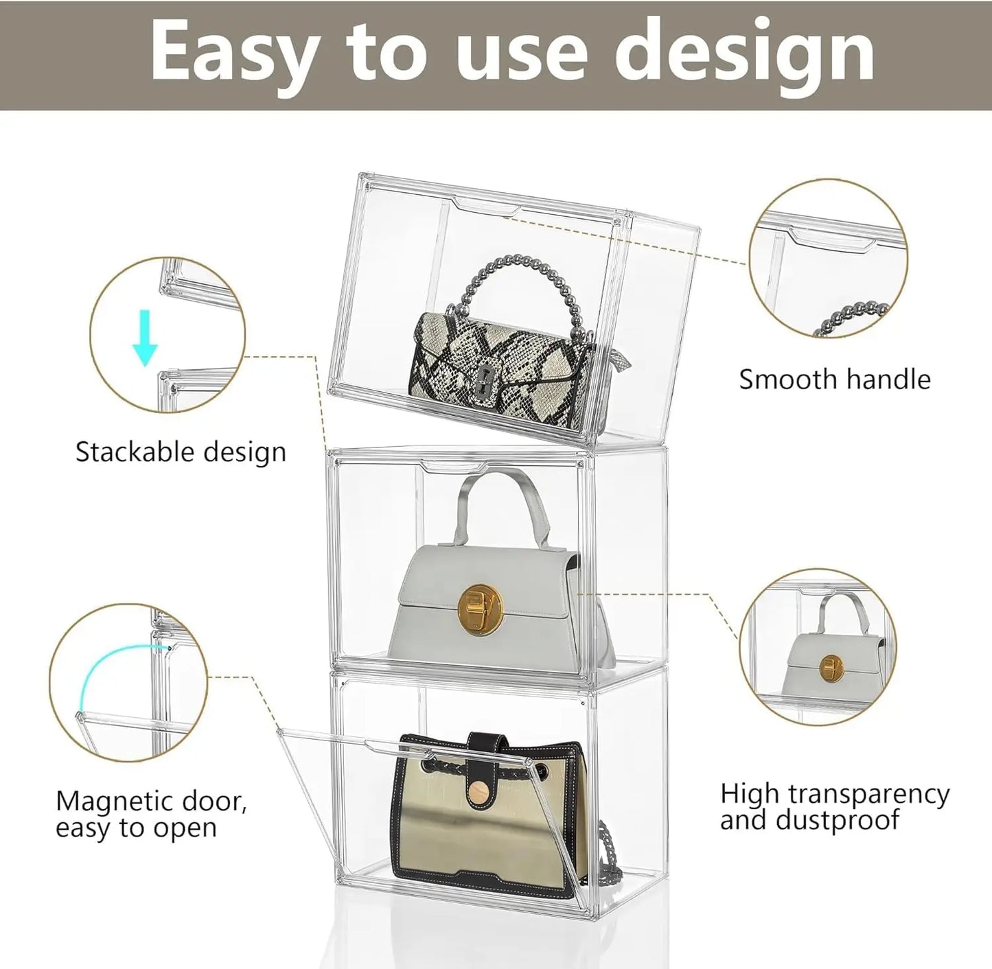 4 Pack Clear Display Box Organizer Stackable with Magnetic Door Large Capacity Storage Box Purse Showcase For Book Collectibles