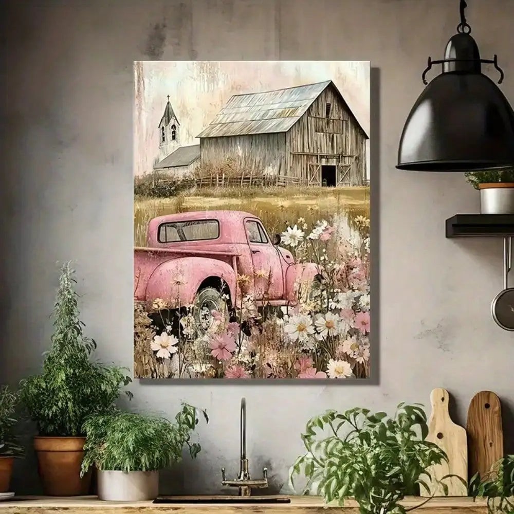 1Pc Framed Vintage Pink Truck Canvas Art | Flower-Adorned Design, Premium Canvas | Rustic Farmhouse & Countryside Style