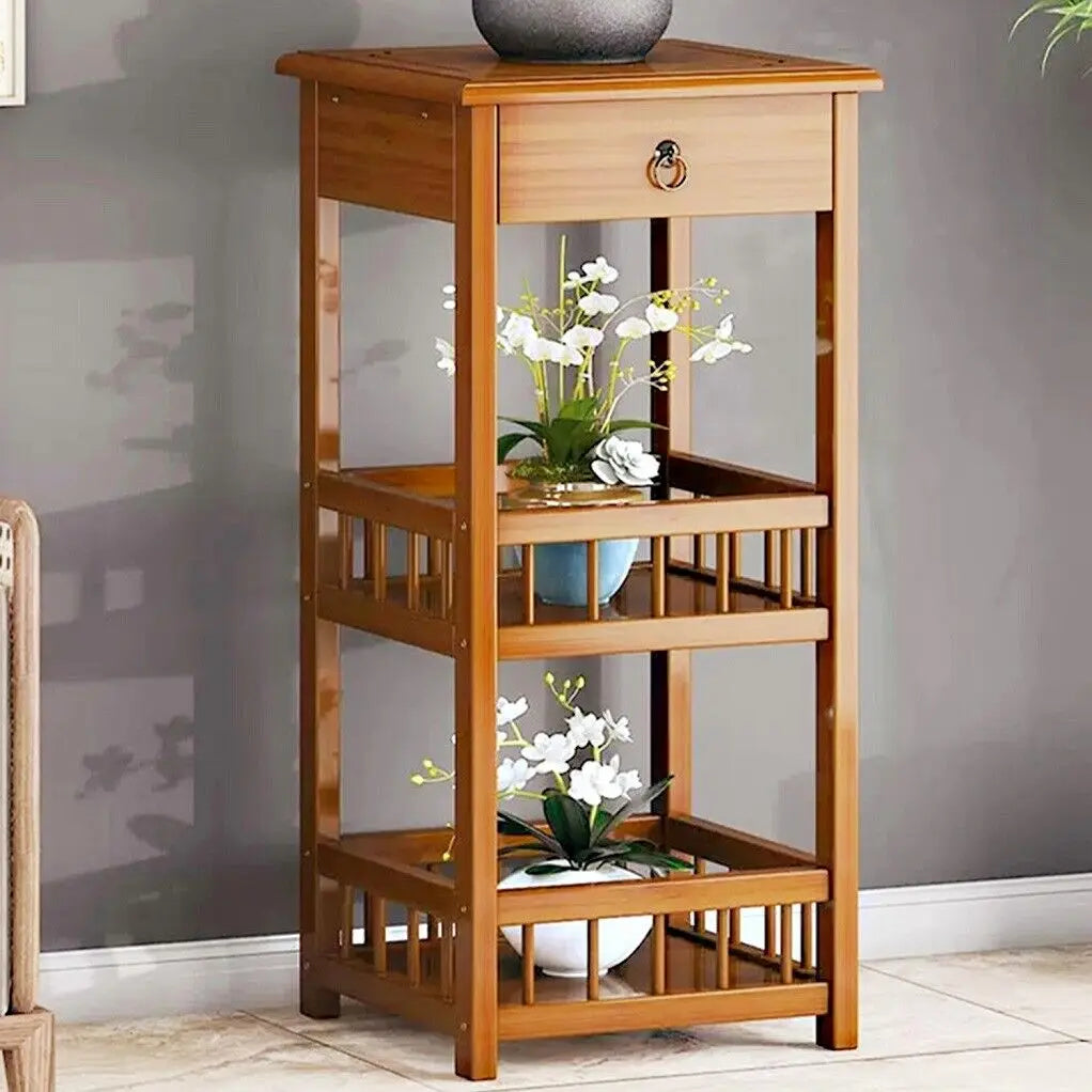 2/3 Tier Bamboo Bedside Table Sofa End Table with Drawer Plant Display Storage Shelf Unit