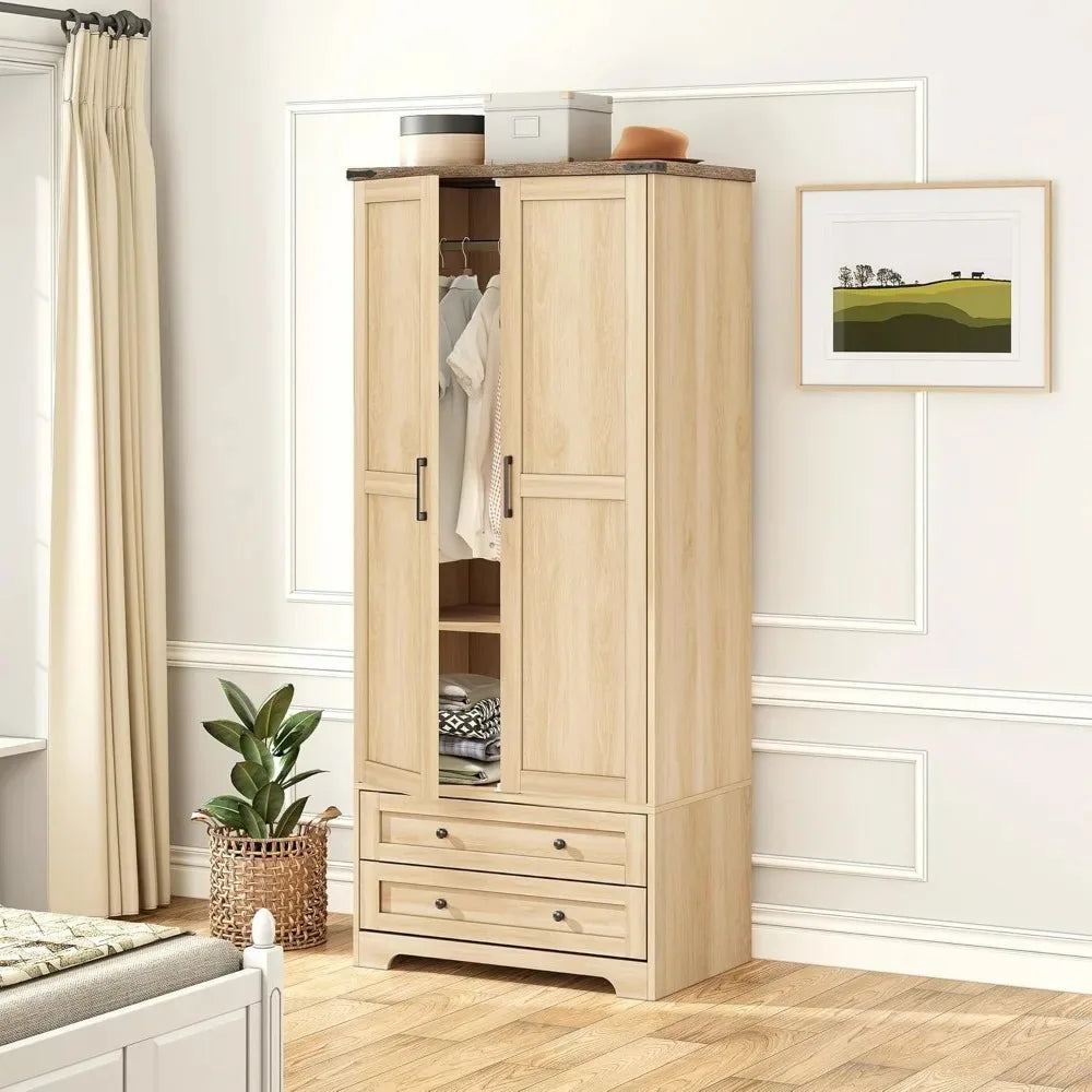 Wooden Armoire Wardrobe Closet with 2 Modern Doors, 71" Tall Freestanding Closet Wardrobe Cabinet with Drawers，Customized