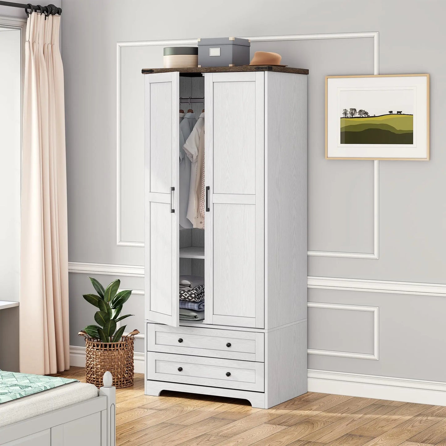 Wooden Armoire Wardrobe Closet with 2 Modern Doors, 71" Tall Freestanding Closet Wardrobe Cabinet with Drawers，Customized