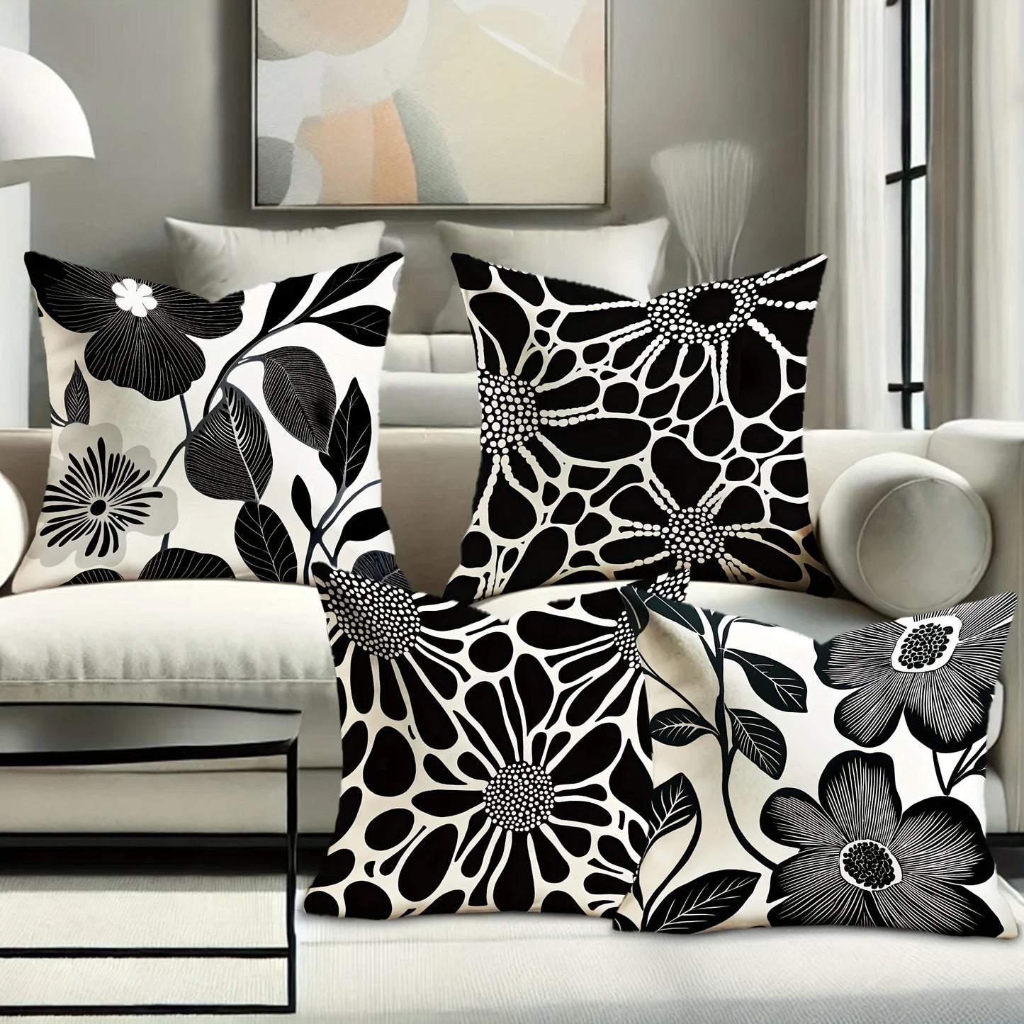 4pcs Floral Cushion Covers - Modern Botanical Decor with Zip Closure, Soft Polyester Pillow Cases in Black & Grey for Living Roo