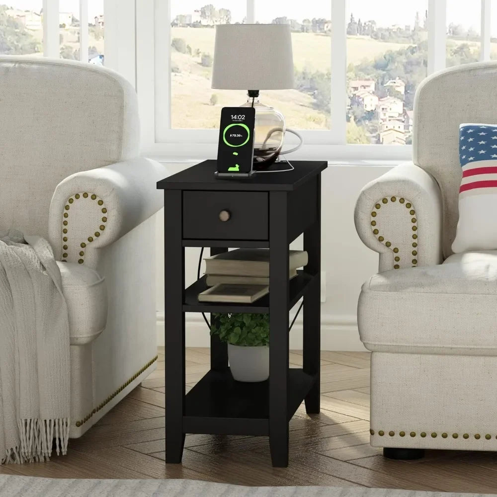 Black End Table Set of 2, Sofa Side Table Living Room with Charging Station,Narrow Night Stand with USB Ports & Power Outlets a