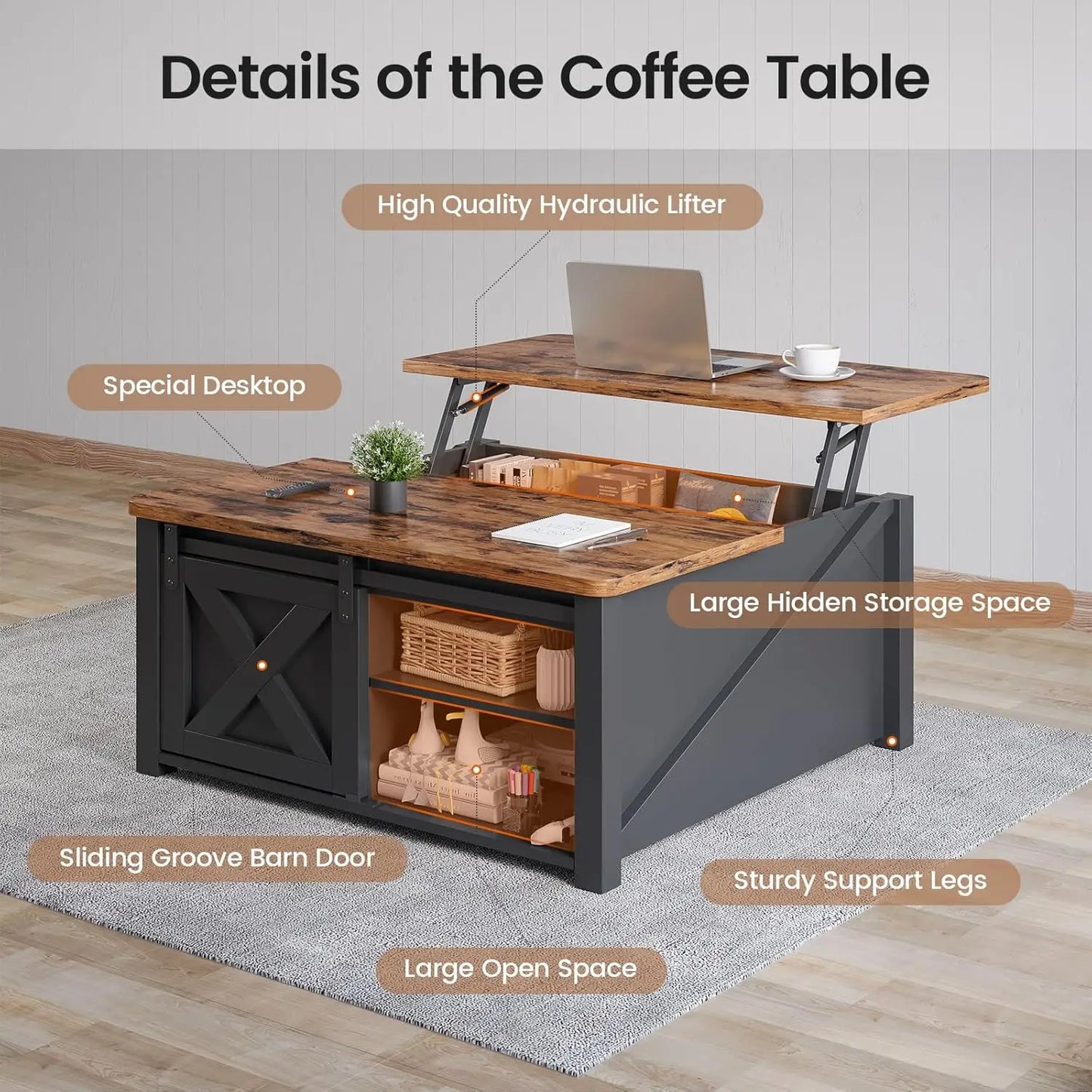 31.5" Lift Top Coffee Table with Storage, Square Coffee Tables for Living Room, Farmhouse Coffee Table with Large, Customized
