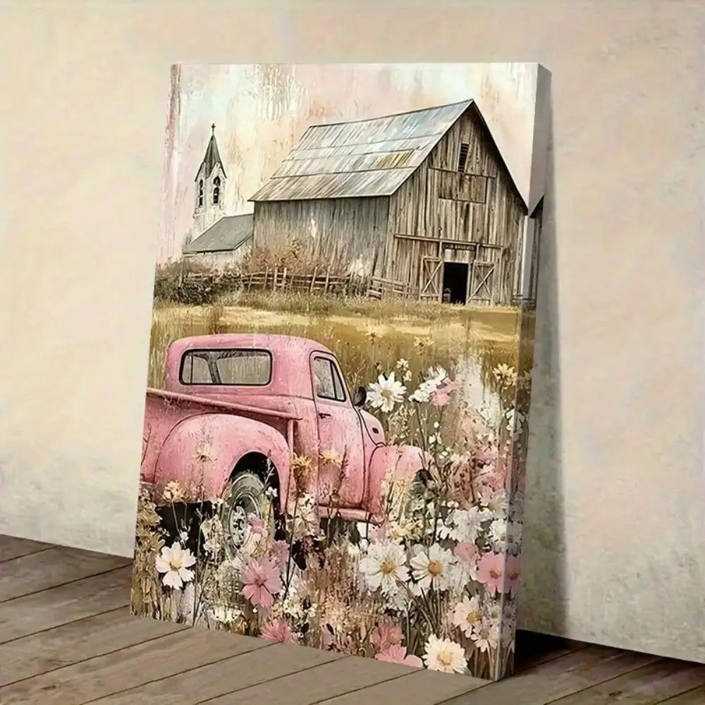 1Pc Framed Vintage Pink Truck Canvas Art | Flower-Adorned Design, Premium Canvas | Rustic Farmhouse & Countryside Style