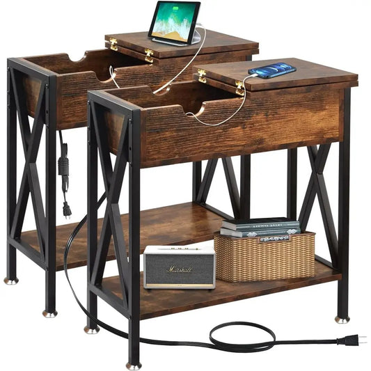 End Tables Living Room Set of 2, Narrow Side Table with Charging Station, 12" D x 24" W x 24" H, Flip Top End Table with USB Por