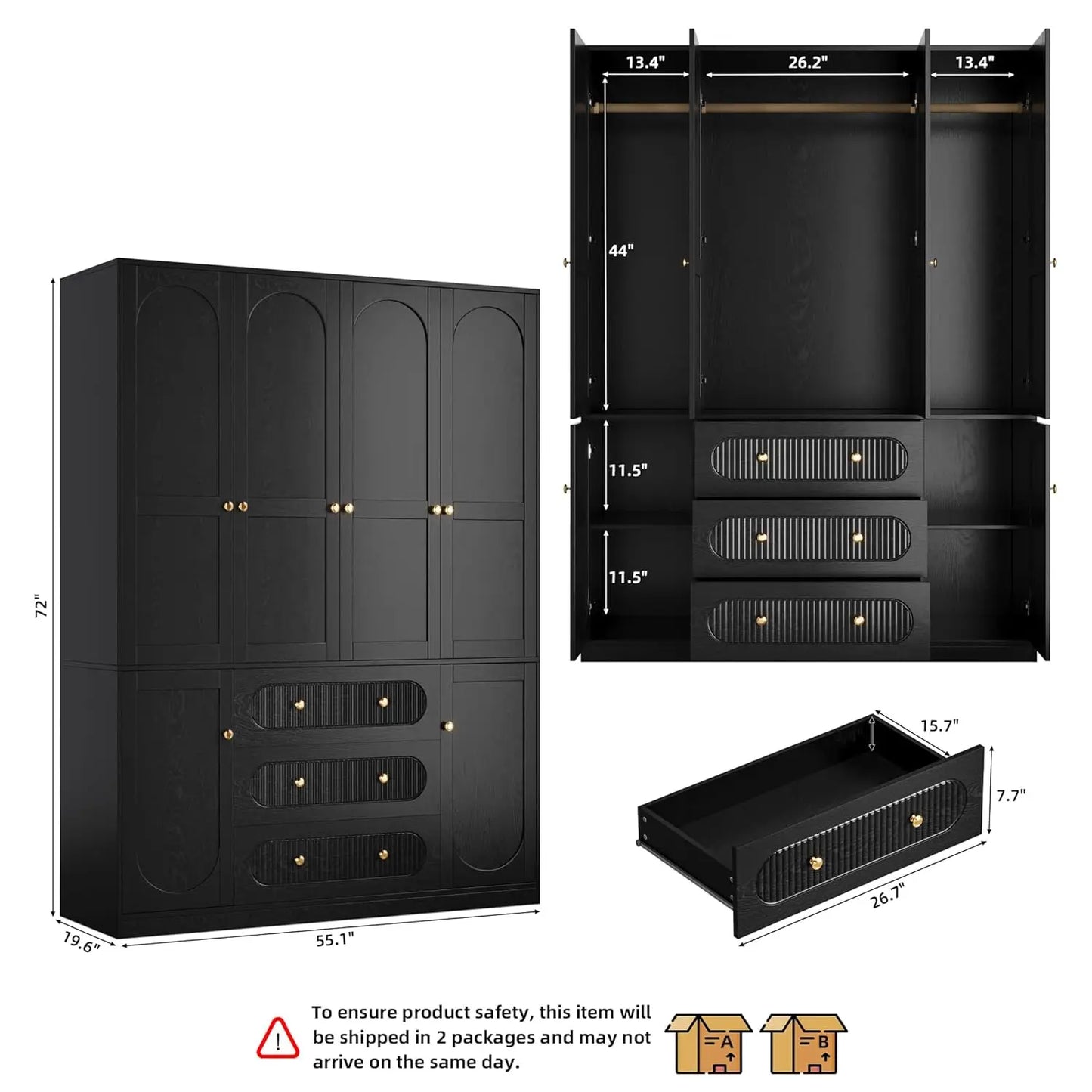 4 Doors Freestanding Armoire Wardrobe Closet, 72" Black Wardrobe Armoire Wooden Closet Large Capacity Storage , Customized