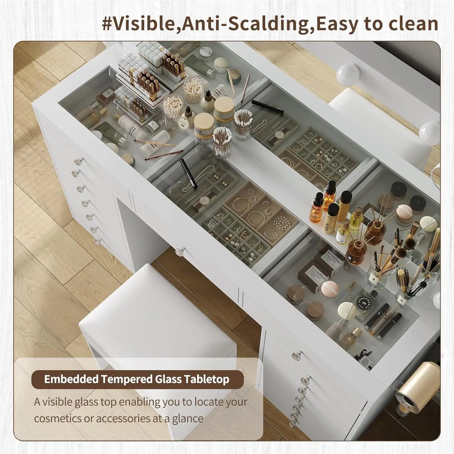 55" W Vanity Desk, Makeup Vanity with Charging Station, 15 Drawers with Lighted Mirror, 3 Lighting Modes, Brightness